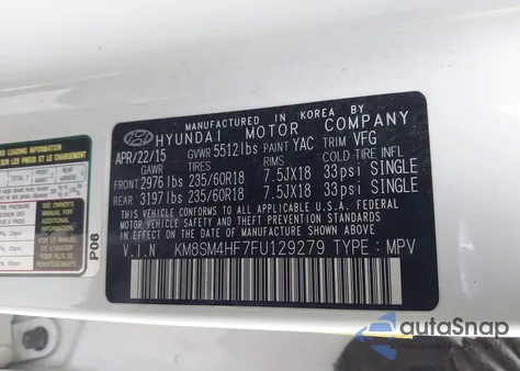 2015 Hyundai Santa Fe Gls z USA, uszkodzony, nr VIN KM8SM4HF7FU129279